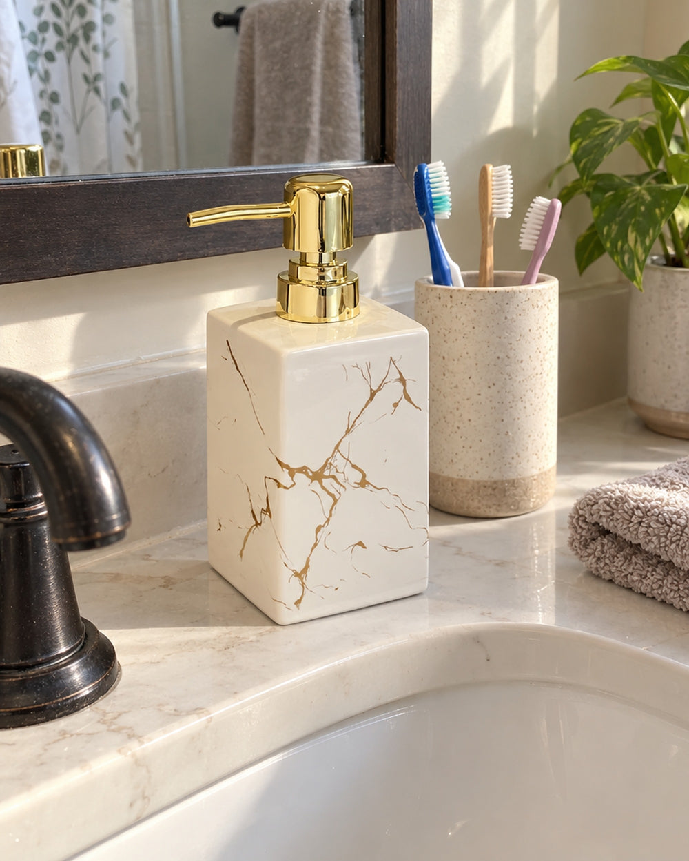 Marble Soap Dispenser, Square Ceramic, Gold Pump in a real home