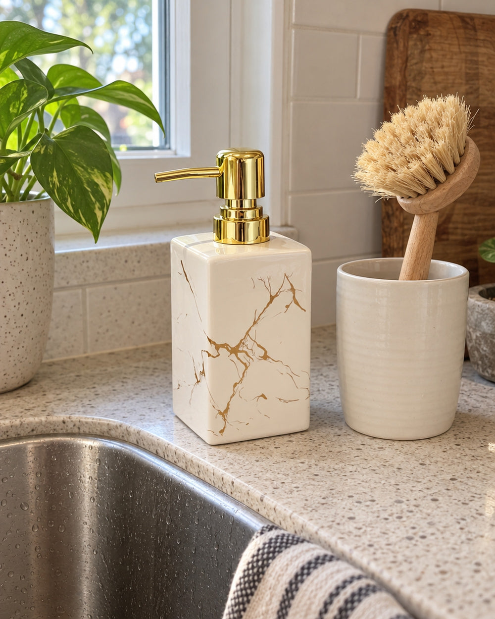 Marble Soap Dispenser, Square Ceramic, Gold Pump in a real home