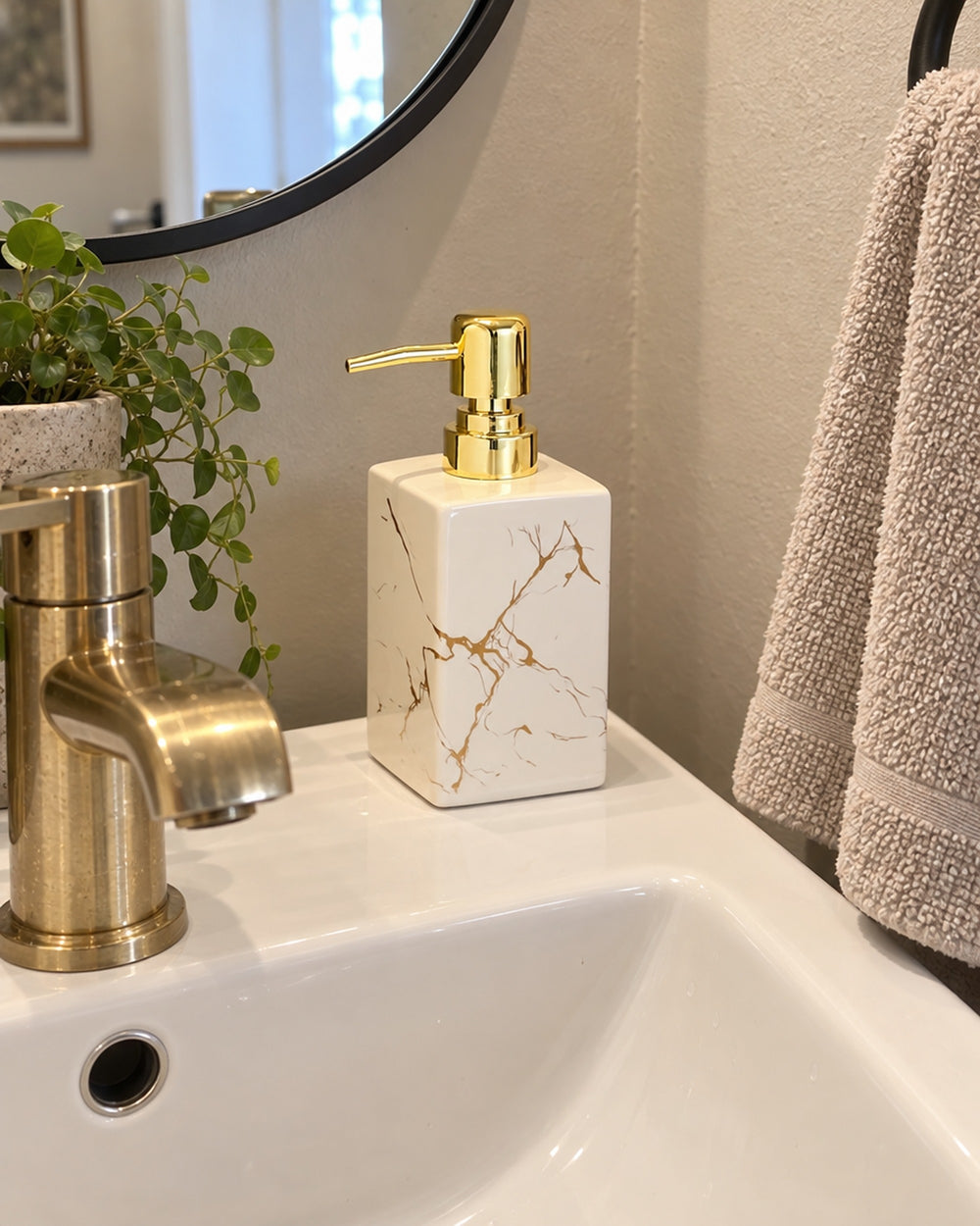 Marble Soap Dispenser, Square Ceramic, Gold Pump in a real home