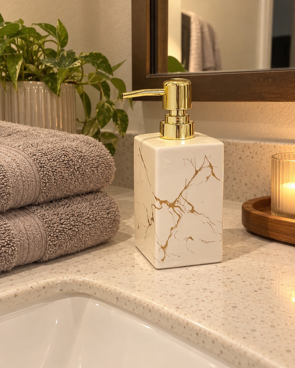 Marble Soap Dispenser, Square Ceramic, Gold Pump in a real home