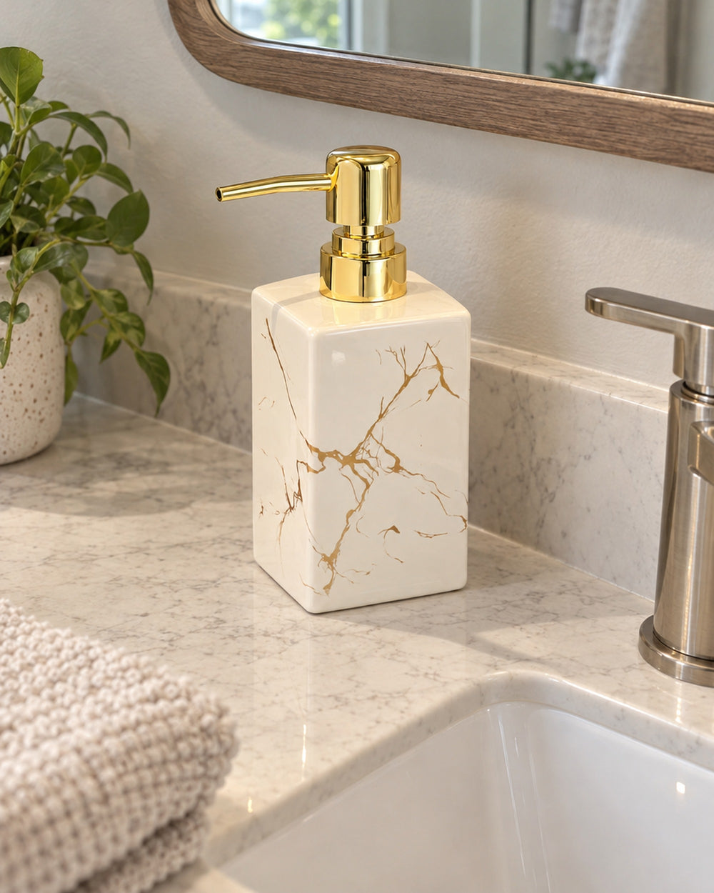 Marble-Effect Ceramic Soap Dispenser, Square, Gold Pump in a real home