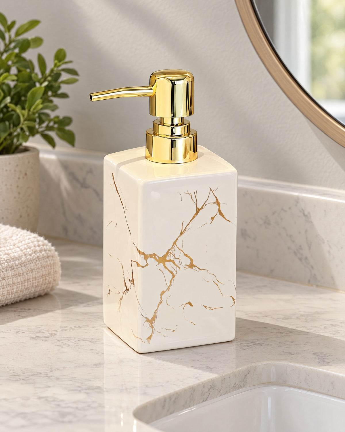 White: Marble Soap Dispenser, Square Ceramic, Gold Pump on a bathroom vanity in soft daylight