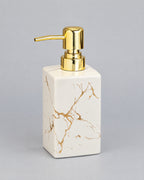 White: Marble Soap Dispenser, Square Ceramic, Gold Pump against a seamless studio backdrop
