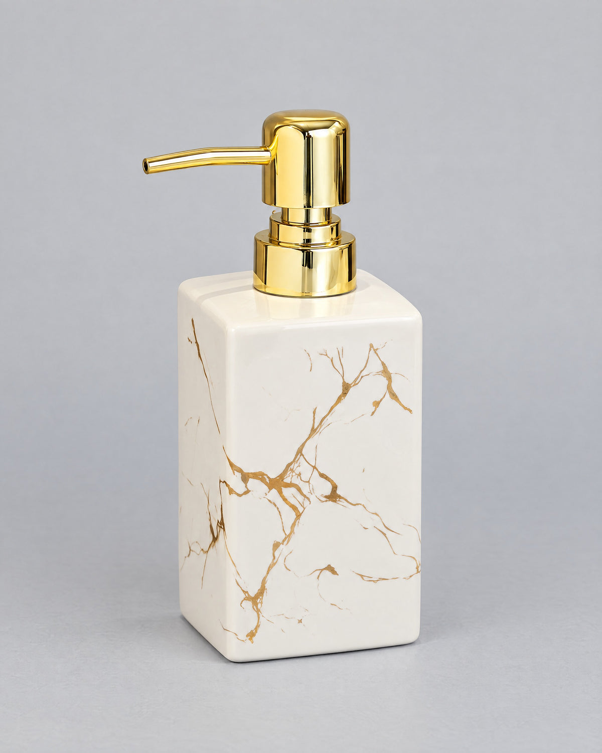 White: Marble Soap Dispenser, Square Ceramic, Gold Pump against a seamless studio backdrop