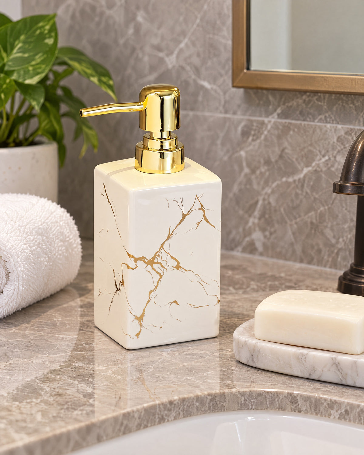 White: Marble Soap Dispenser, Square Ceramic, Gold Pump shown at true scale on a countertop