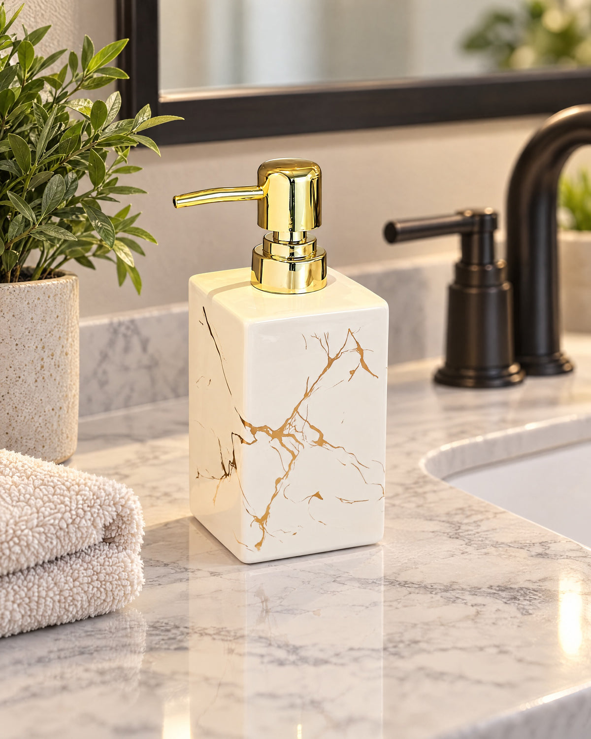 White: Marble Soap Dispenser, Square Ceramic, Gold Pump styled on a bathroom counter