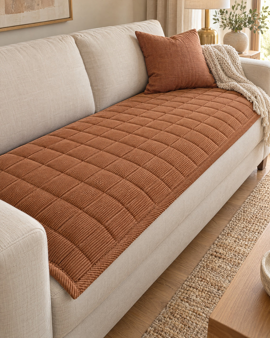 Chestnut Haze: Metro Line Quilted Couch Cover Mat, styled on a sofa