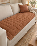 Chestnut Haze: Metro Line Quilted Couch Cover Mat, styled on a sofa
