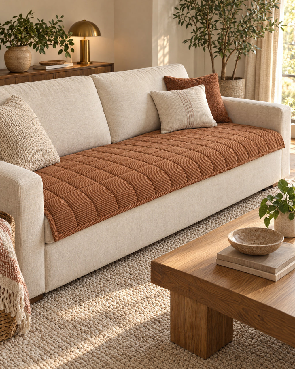 Chestnut Haze: Metro Line Quilted Couch Cover Mat in a warm living room