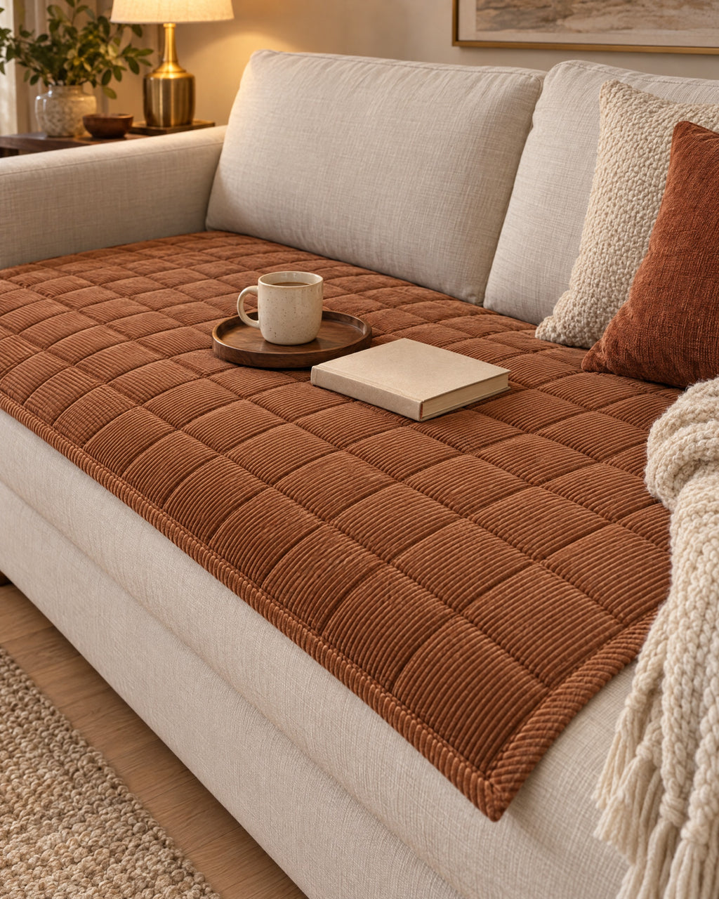Chestnut Haze: Metro Line Quilted Couch Cover Mat on a cozy lived-in sofa