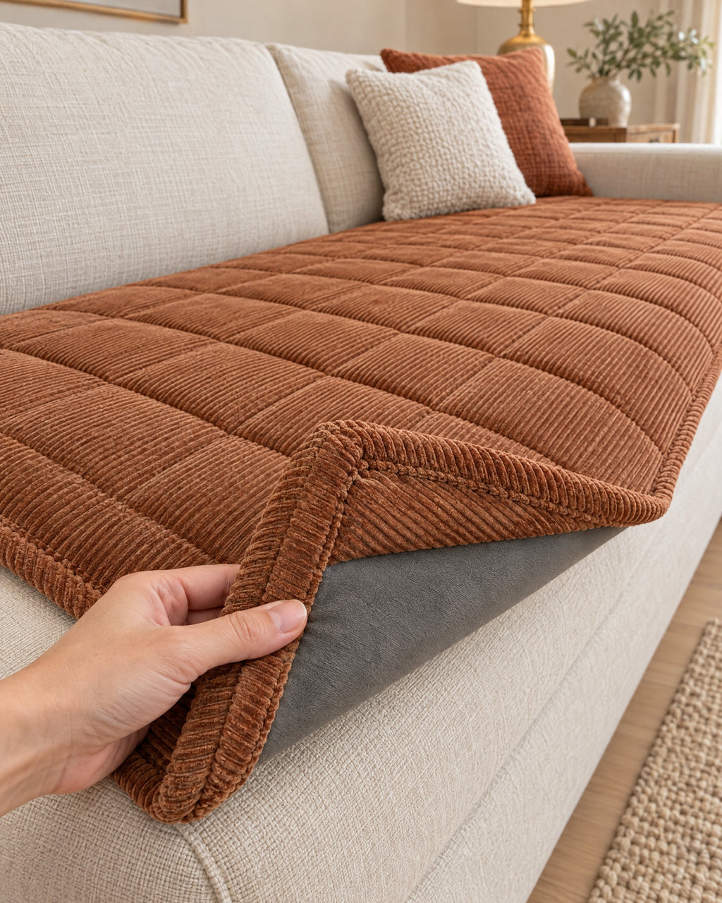 Chestnut Haze: Corner lifted to show the non-slip backing of the Metro Line Quilted Couch Cover Mat
