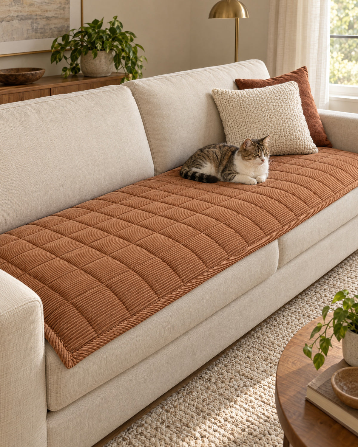 Chestnut Haze: A cat resting on the Metro Line Quilted Couch Cover Mat