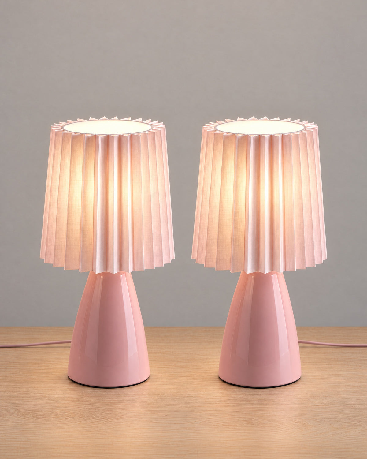 Pink: Milkshake Ceramic Cone Nightstand Lamp, Set of 2, both lamps switched on