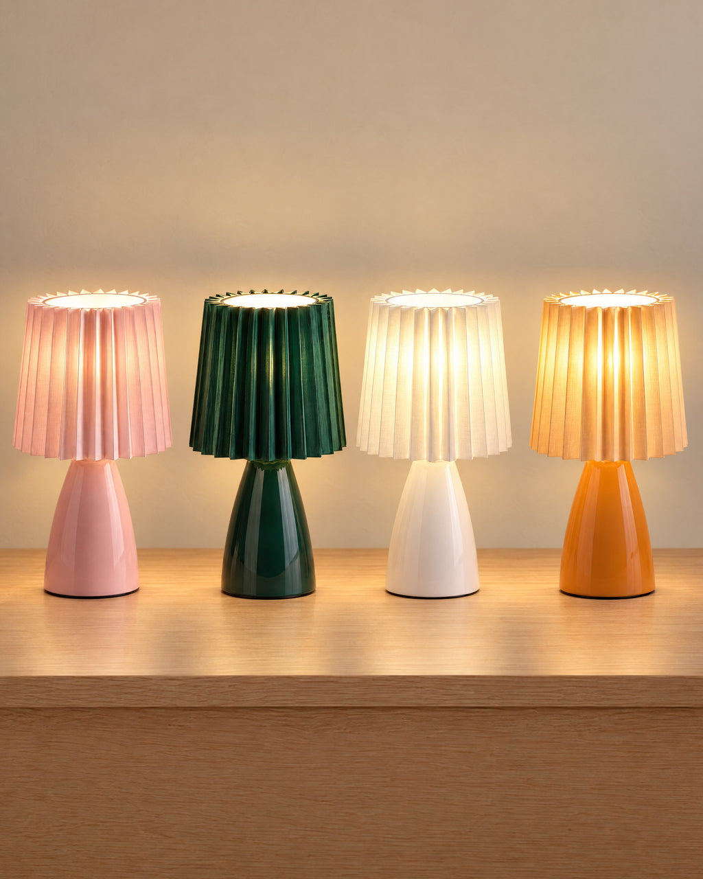 All colourways of the Milkshake Ceramic Cone Nightstand Lamp side by side: Pink, Green, White, Orange