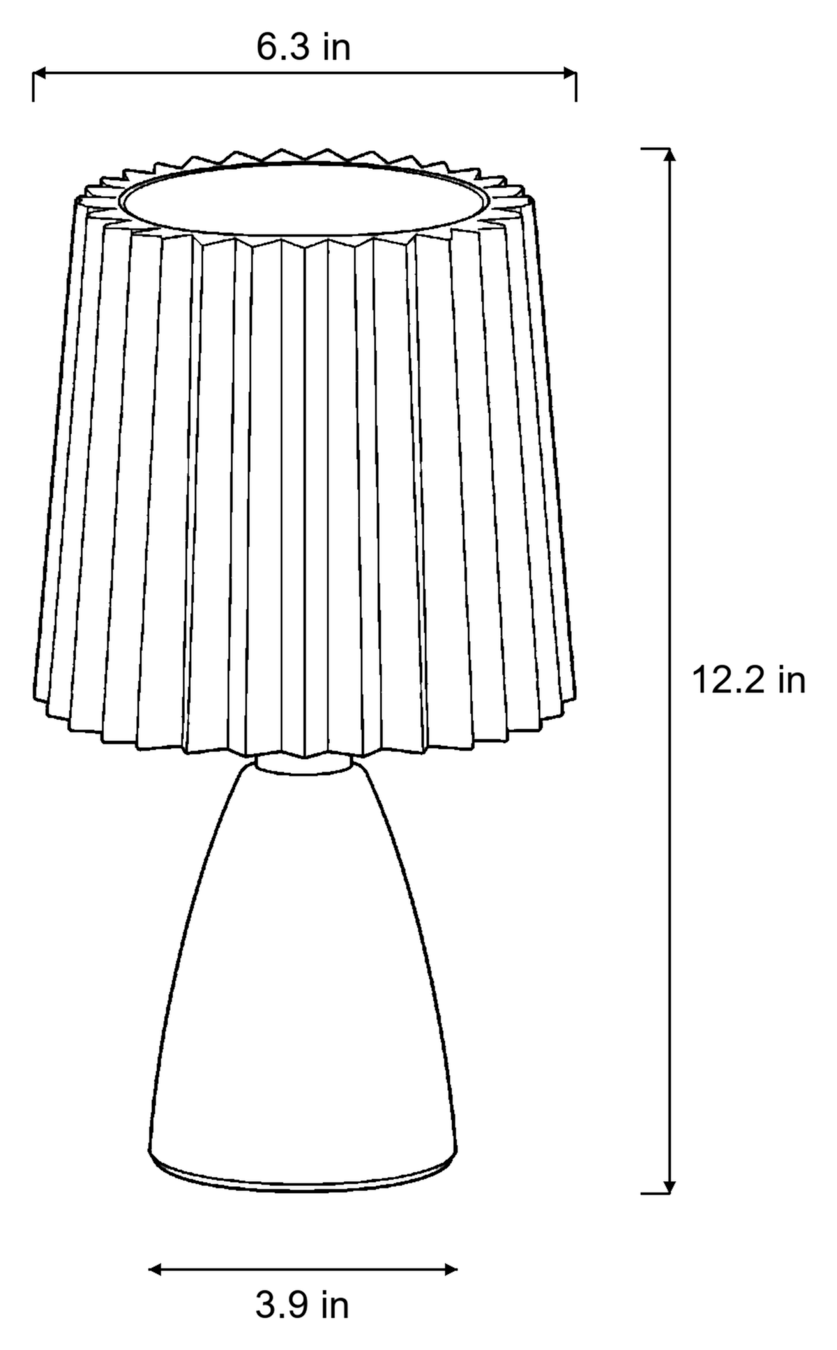 Dimensions sketch of the Milkshake Ceramic Cone Nightstand Lamp with measurements