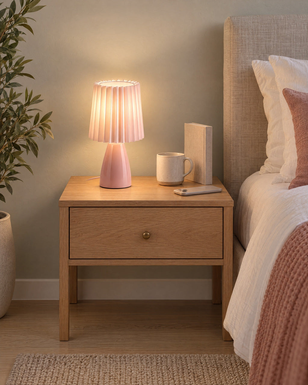 Pink: Milkshake Ceramic Cone Nightstand Lamp on a standard nightstand with a paperback, phone and mug for scale