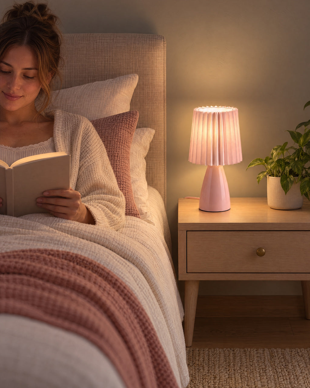Pink: Milkshake Ceramic Cone Nightstand Lamp as a reading light beside a woman reading in bed