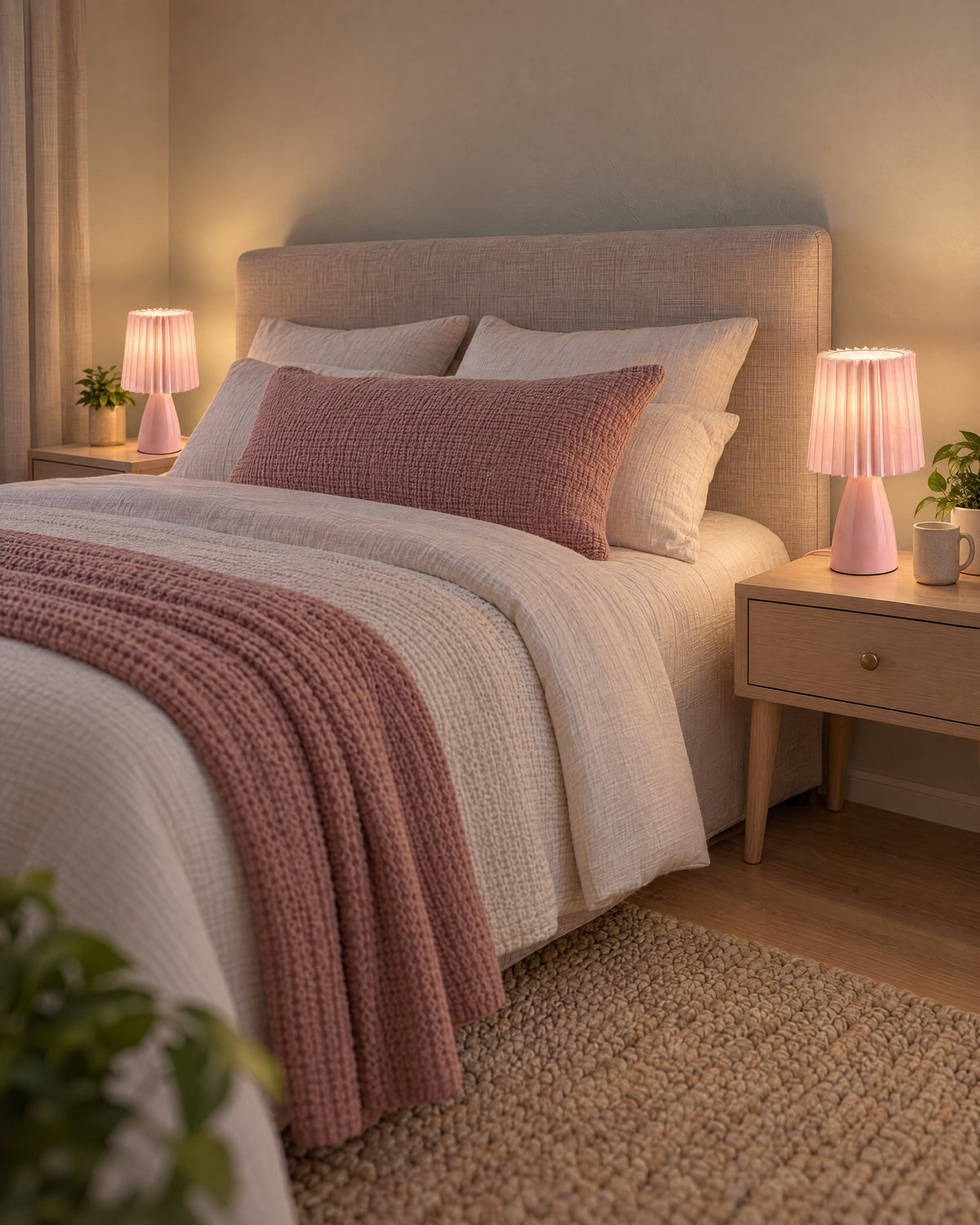 Pink: Two Milkshake Ceramic Cone Nightstand Lamp lamps flanking a bed at night