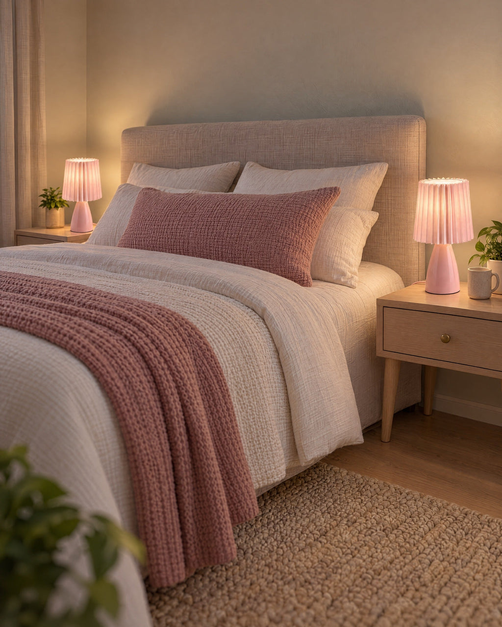 Pink: Two Milkshake Ceramic Cone Nightstand Lamp lamps flanking a bed at night
