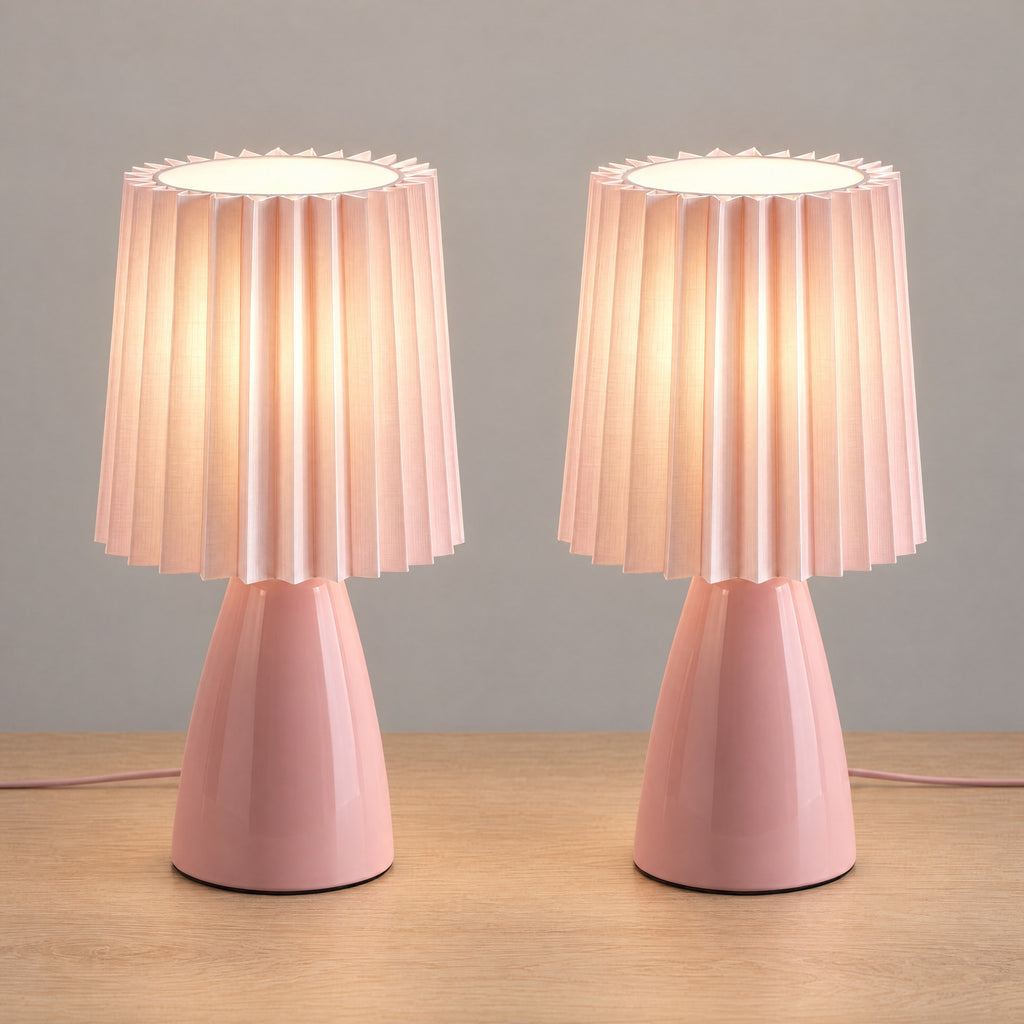 Pink: Milkshake Ceramic Cone Nightstand Lamp, Set of 2, both lamps switched on