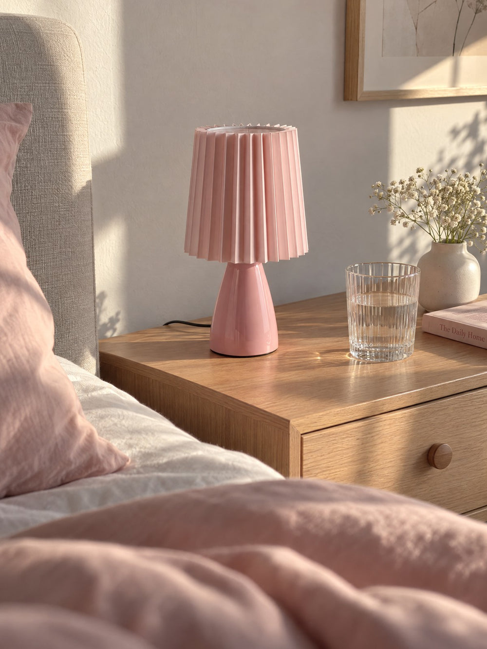 Milkshake Ceramic Cone Nightstand Lamp seen from bed in the morning