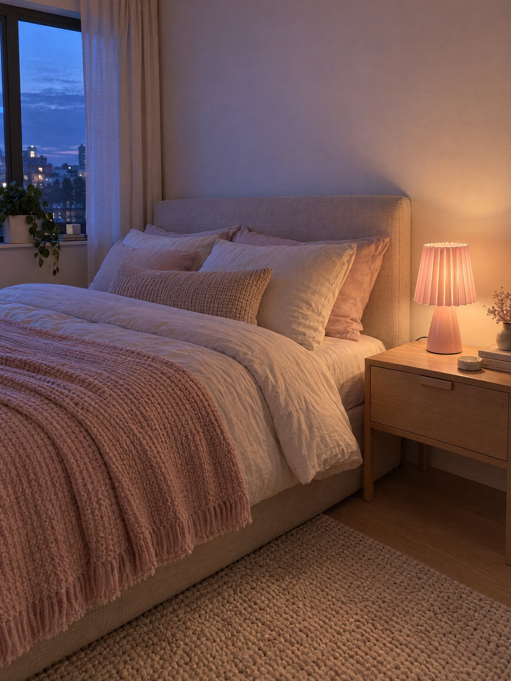 Milkshake Ceramic Cone Nightstand Lamp lit at dusk with blue evening light outside