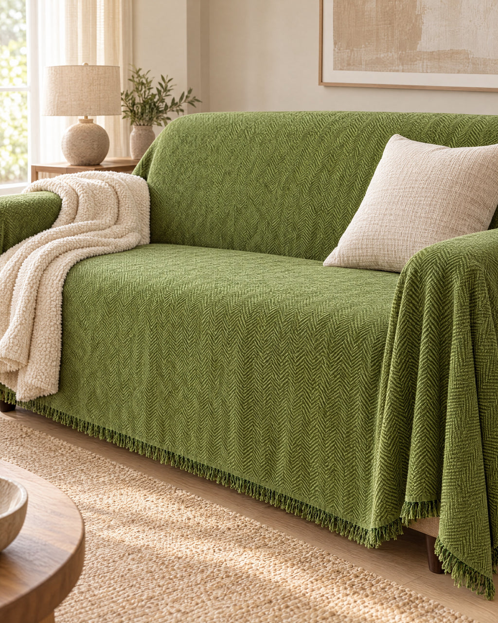 Green: Minimalist Sofa Cover, styled on a sofa