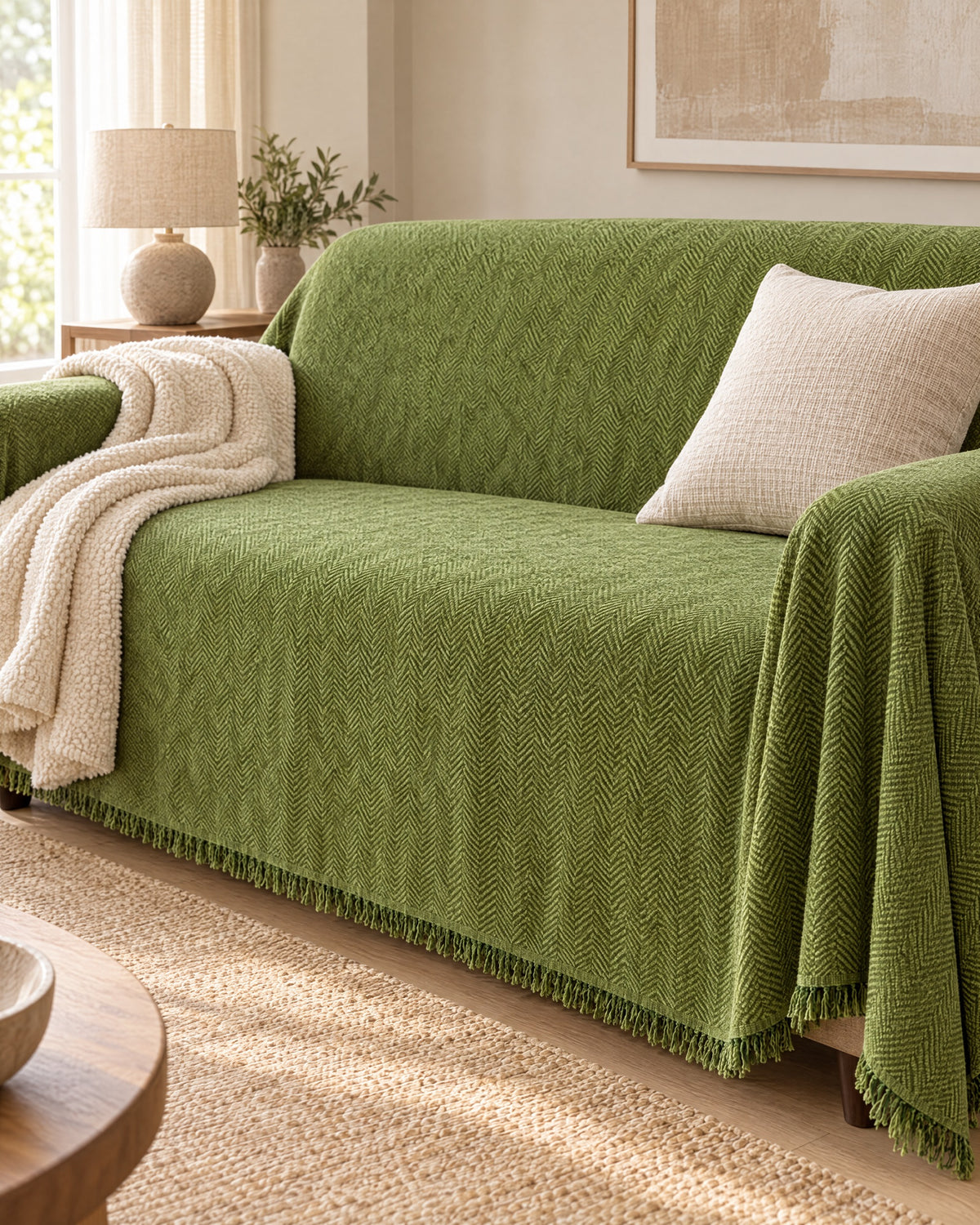 Green: Minimalist Sofa Cover, styled on a sofa