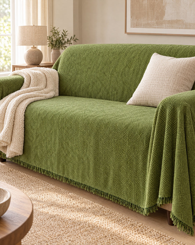 Green: Minimalist Sofa Cover, styled on a sofa