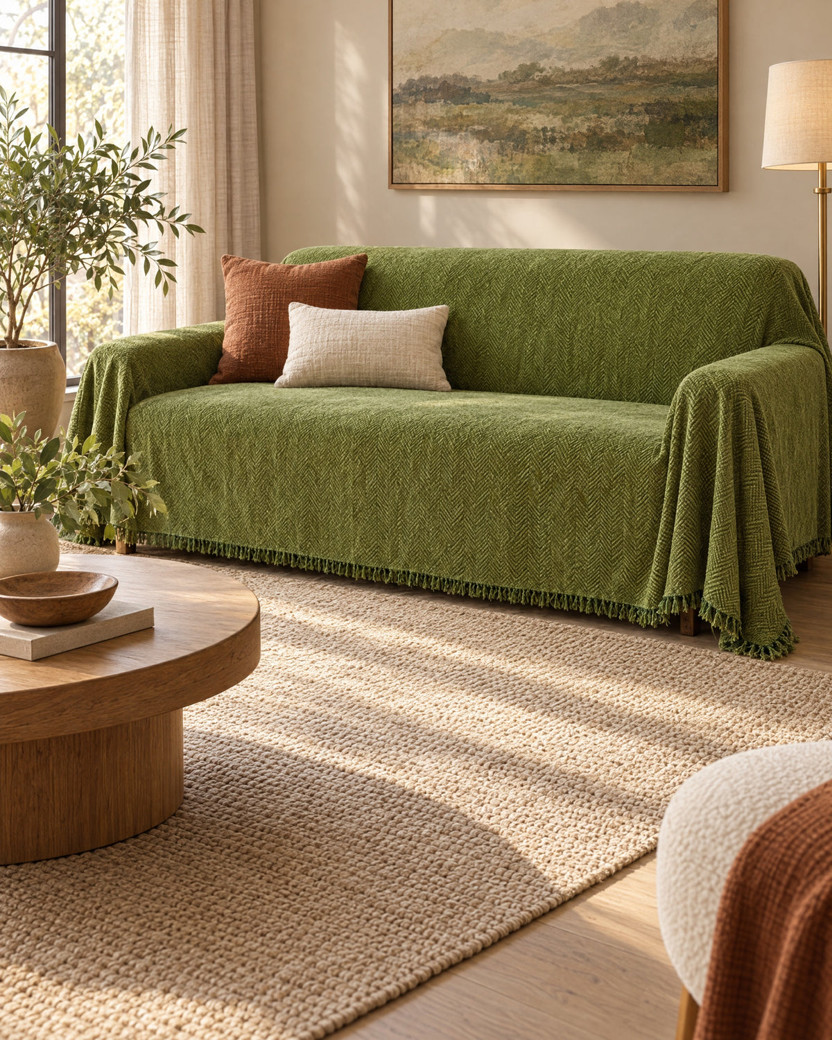 Green: Minimalist Sofa Cover in a warm living room