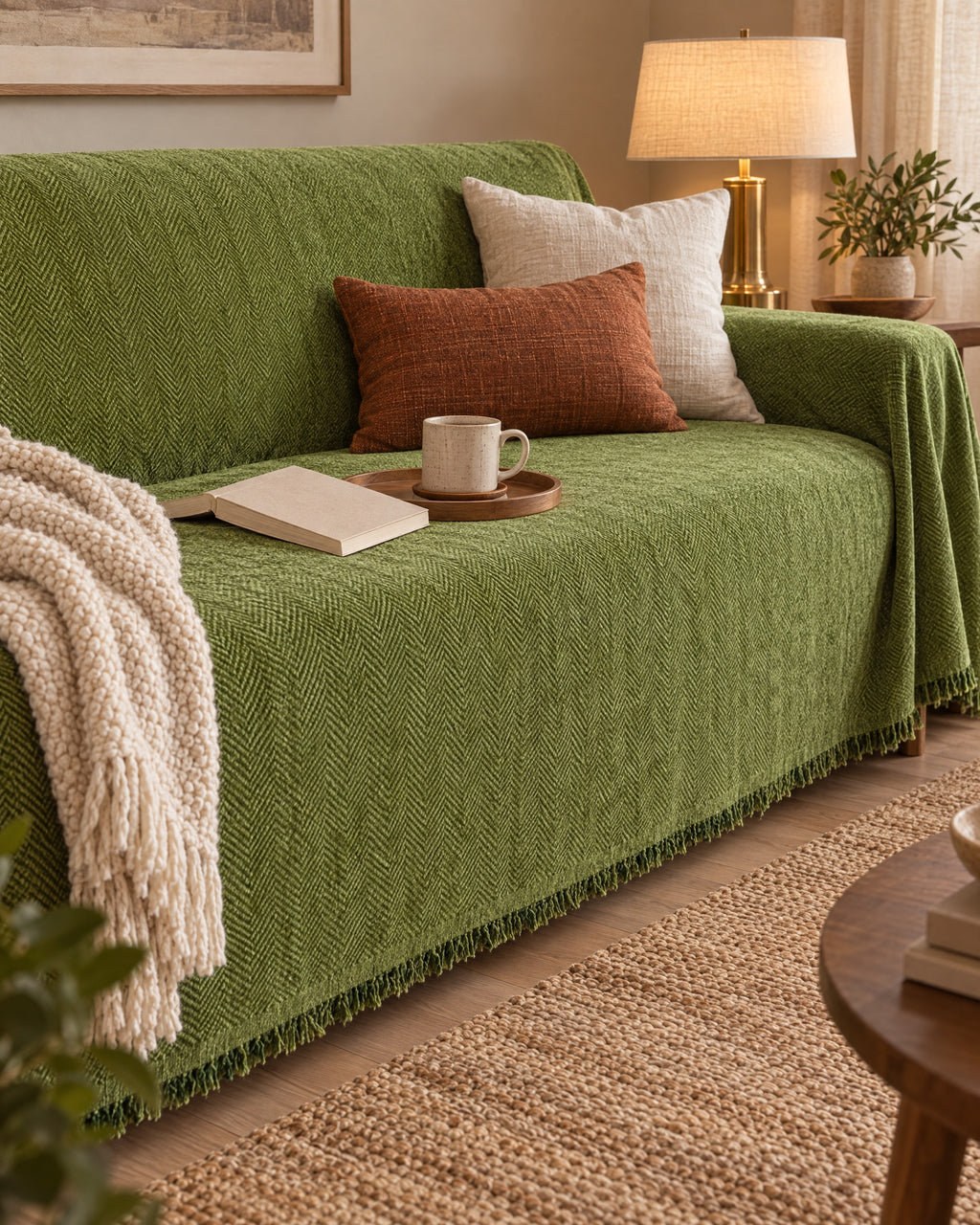 Green: Minimalist Sofa Cover on a cozy lived-in sofa