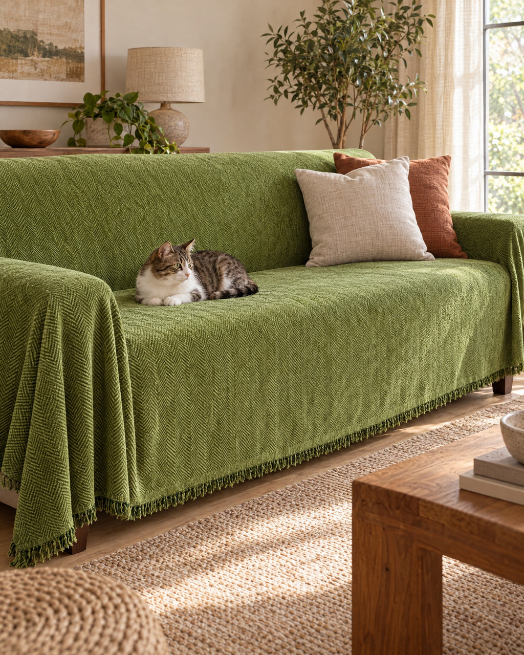 Green: A cat resting on the Minimalist Sofa Cover
