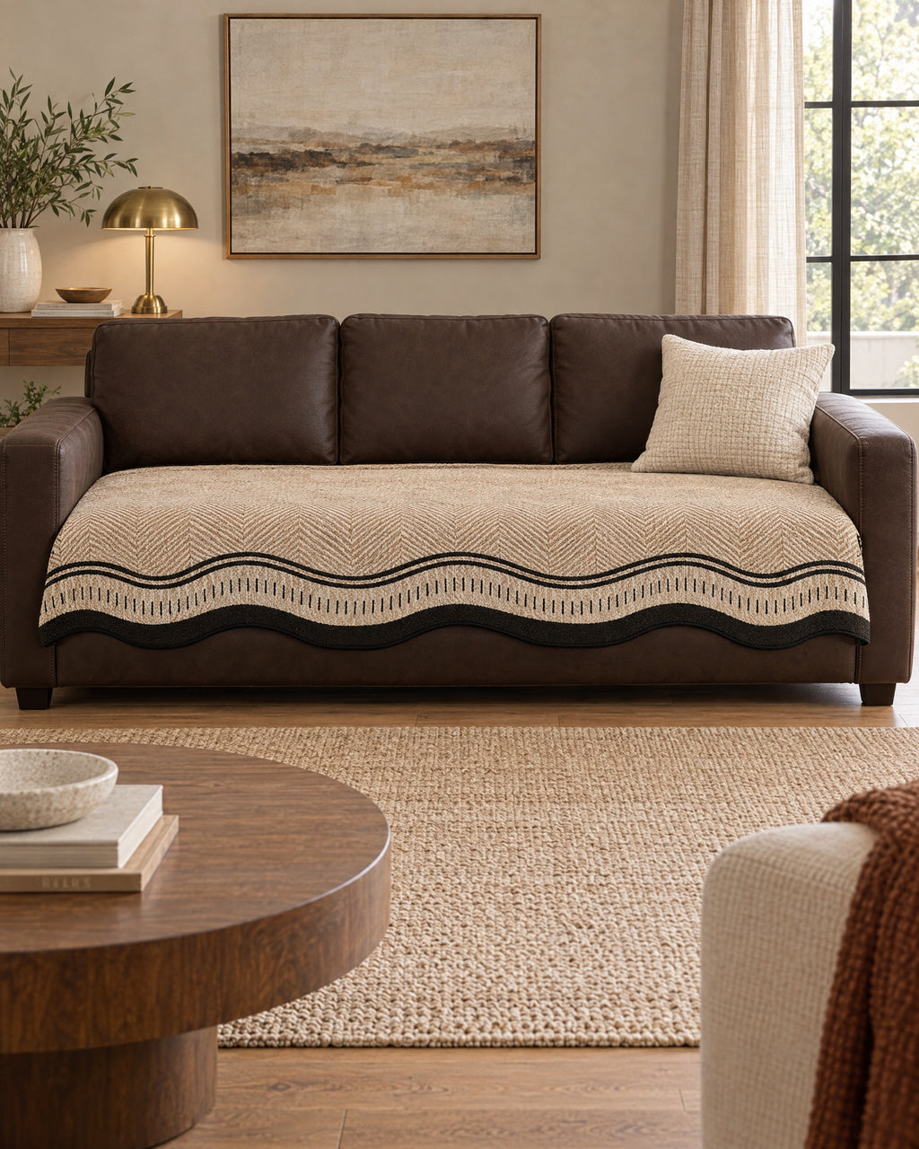 Desert Wave: Modern Wave Anti-Slip Sofa Cover shown on a full sofa