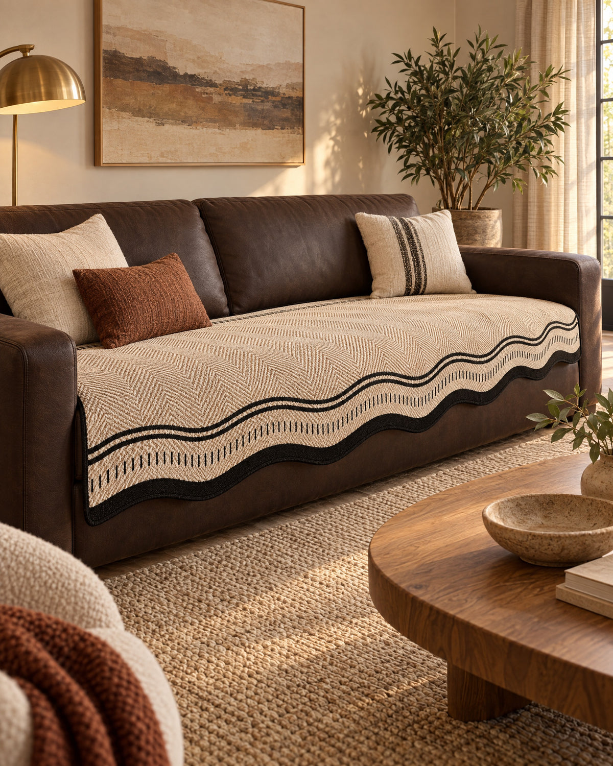 Desert Wave: Modern Wave Anti-Slip Sofa Cover in a warm living room