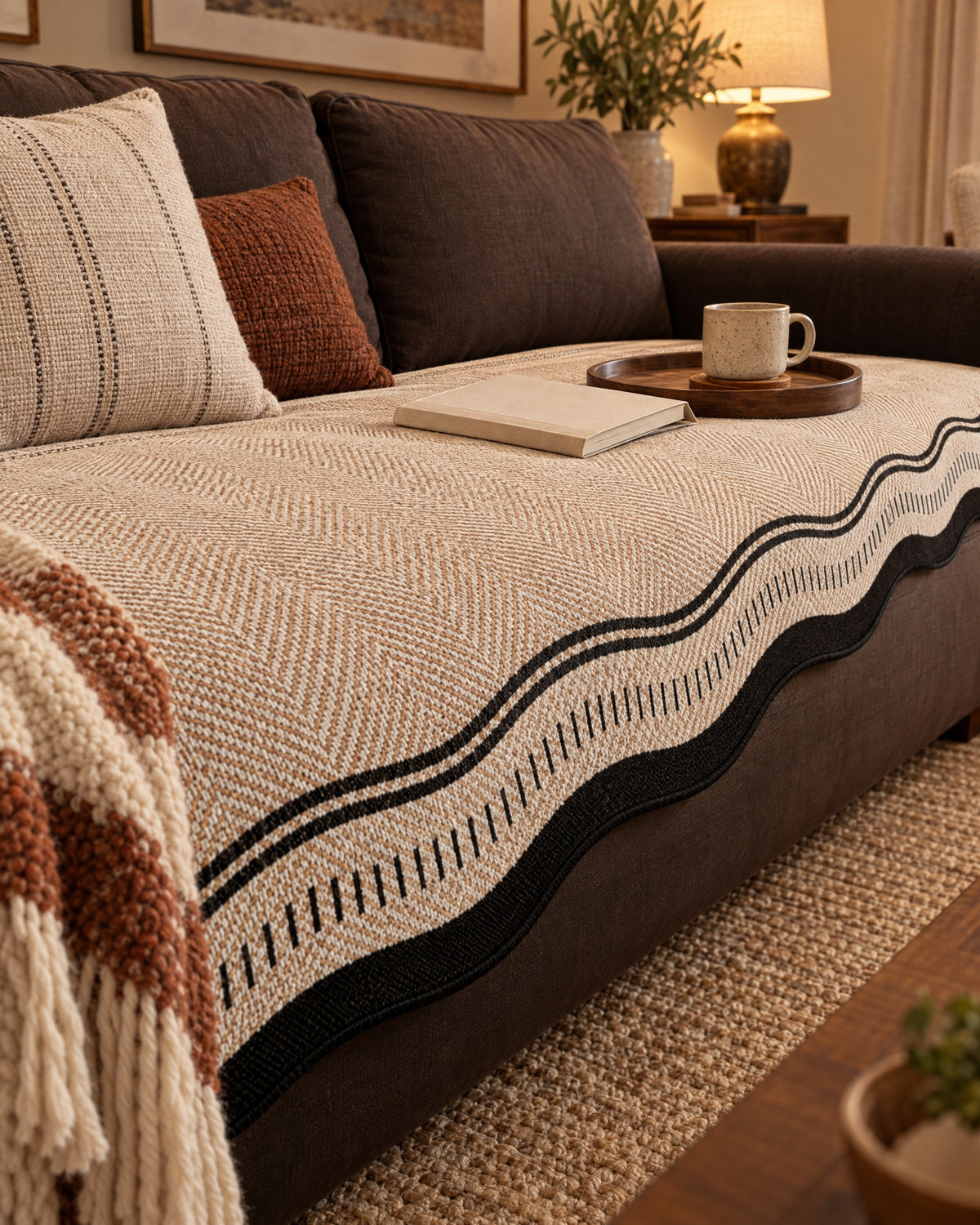 Desert Wave: Modern Wave Anti-Slip Sofa Cover on a cozy lived-in sofa