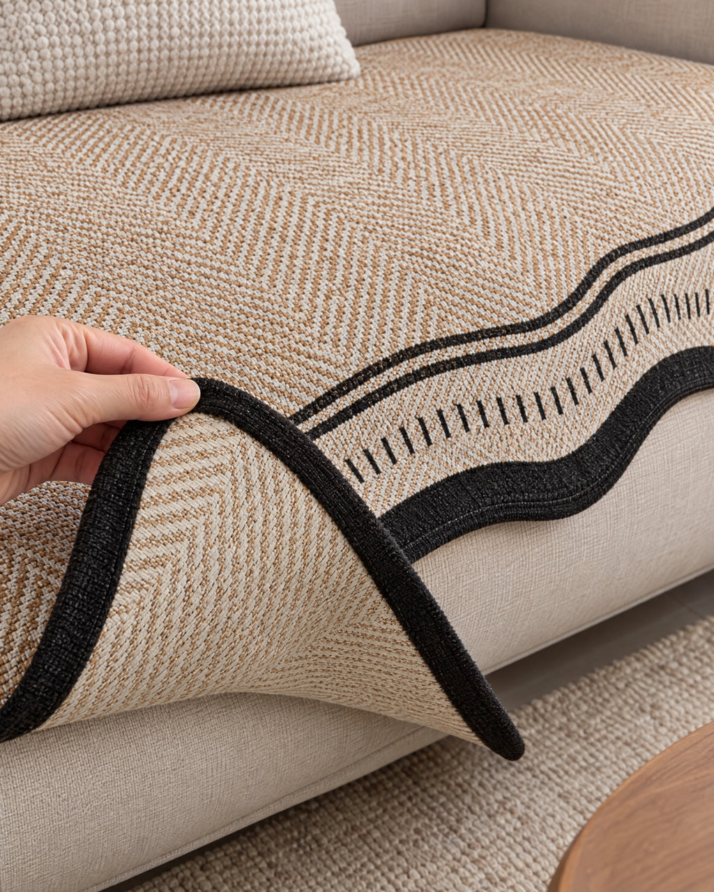 Desert Wave: Corner lifted to show the underside of the Modern Wave Anti-Slip Sofa Cover
