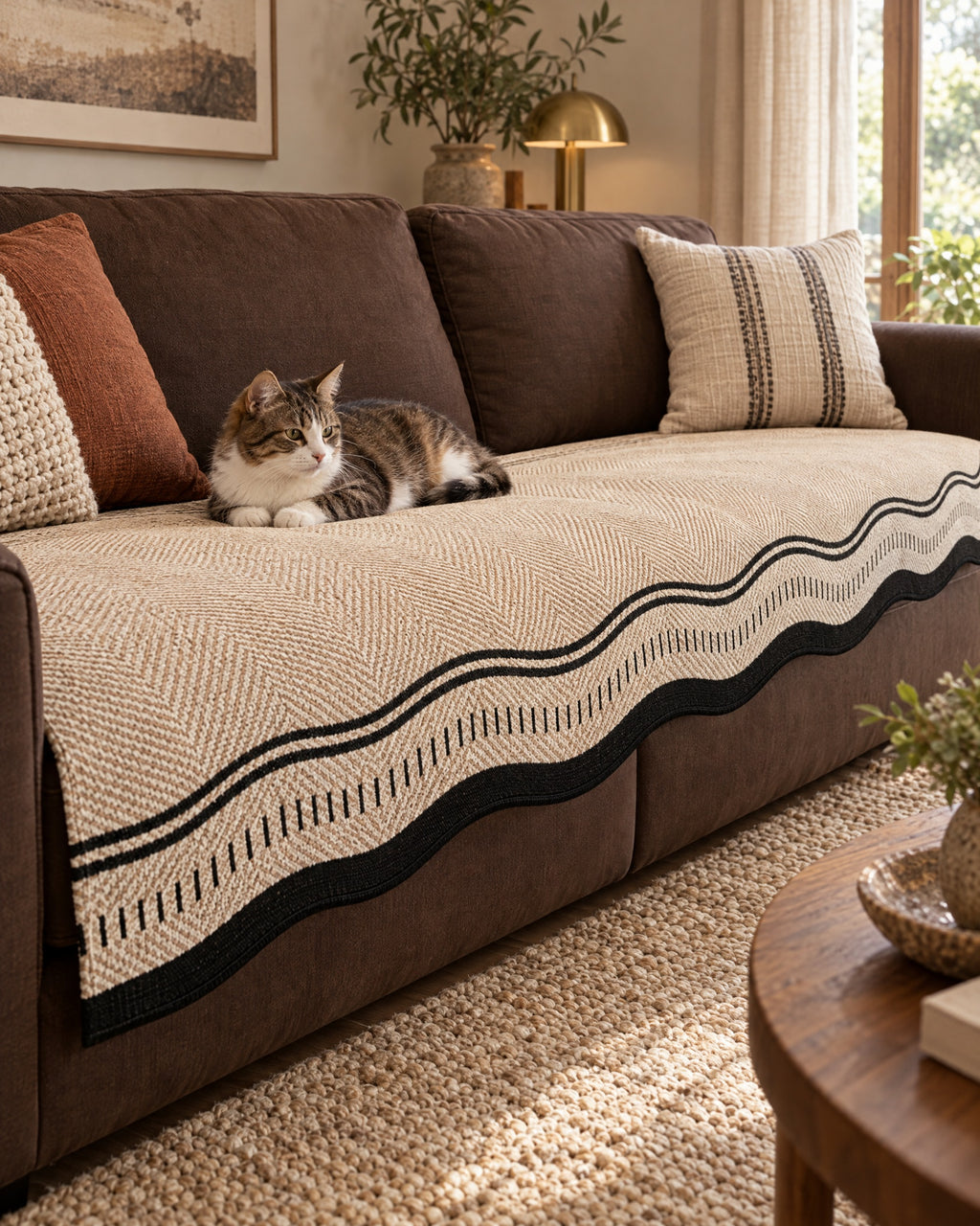 Desert Wave: A cat resting on the Modern Wave Anti-Slip Sofa Cover