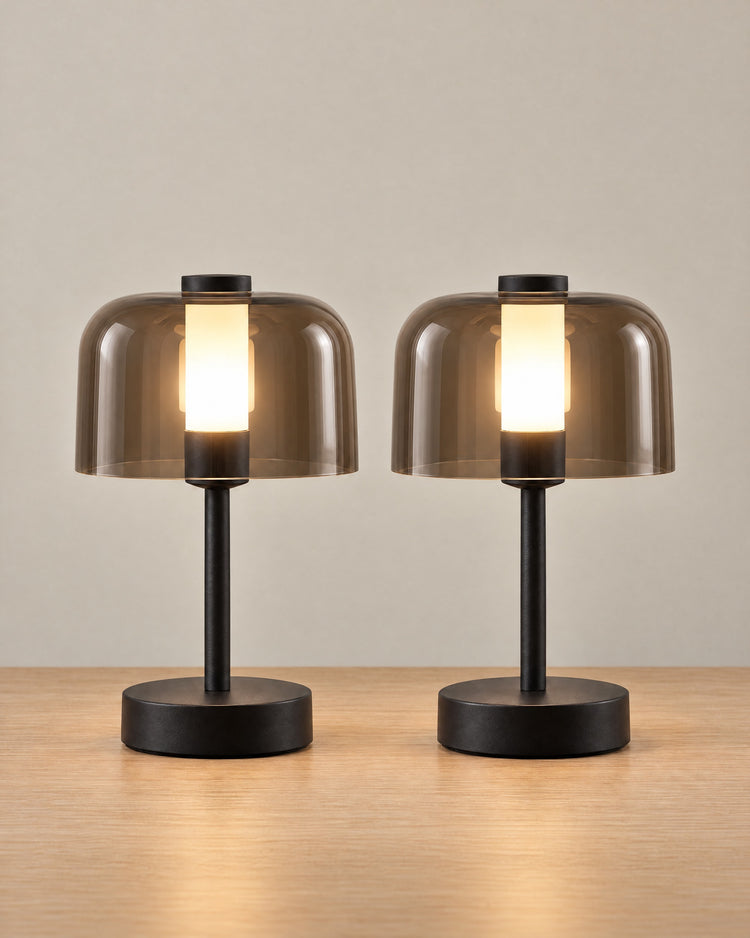 Noir Cordless Dome Nightstand Lamp, Set of 2, both lamps switched on