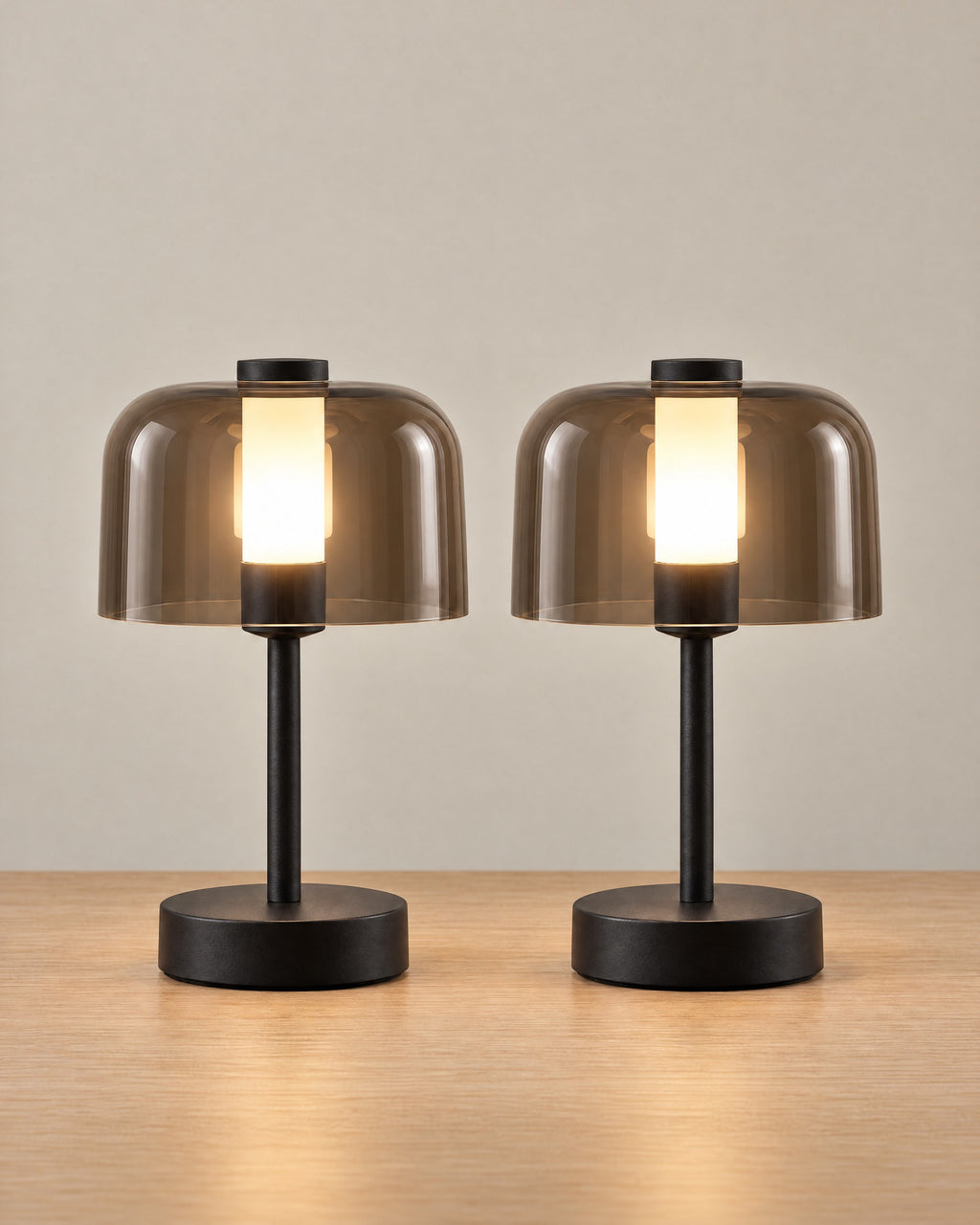 Noir Cordless Dome Nightstand Lamp, Set of 2, both lamps switched on