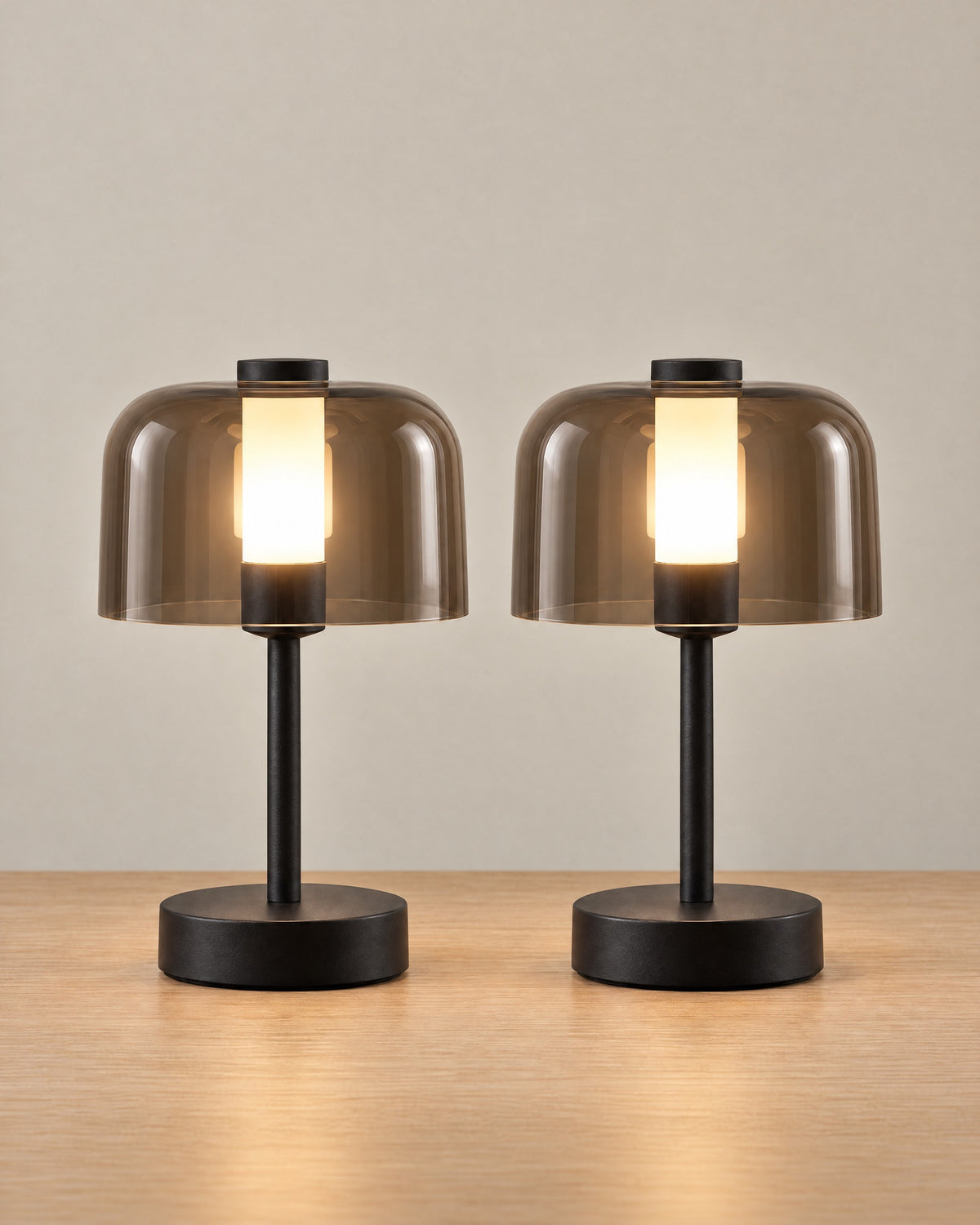 Noir Cordless Dome Nightstand Lamp, Set of 2, both lamps switched on