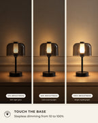 Black: Noir Cordless Dome Nightstand Lamp, Set of 2 dimming levels, low, medium and full brightness