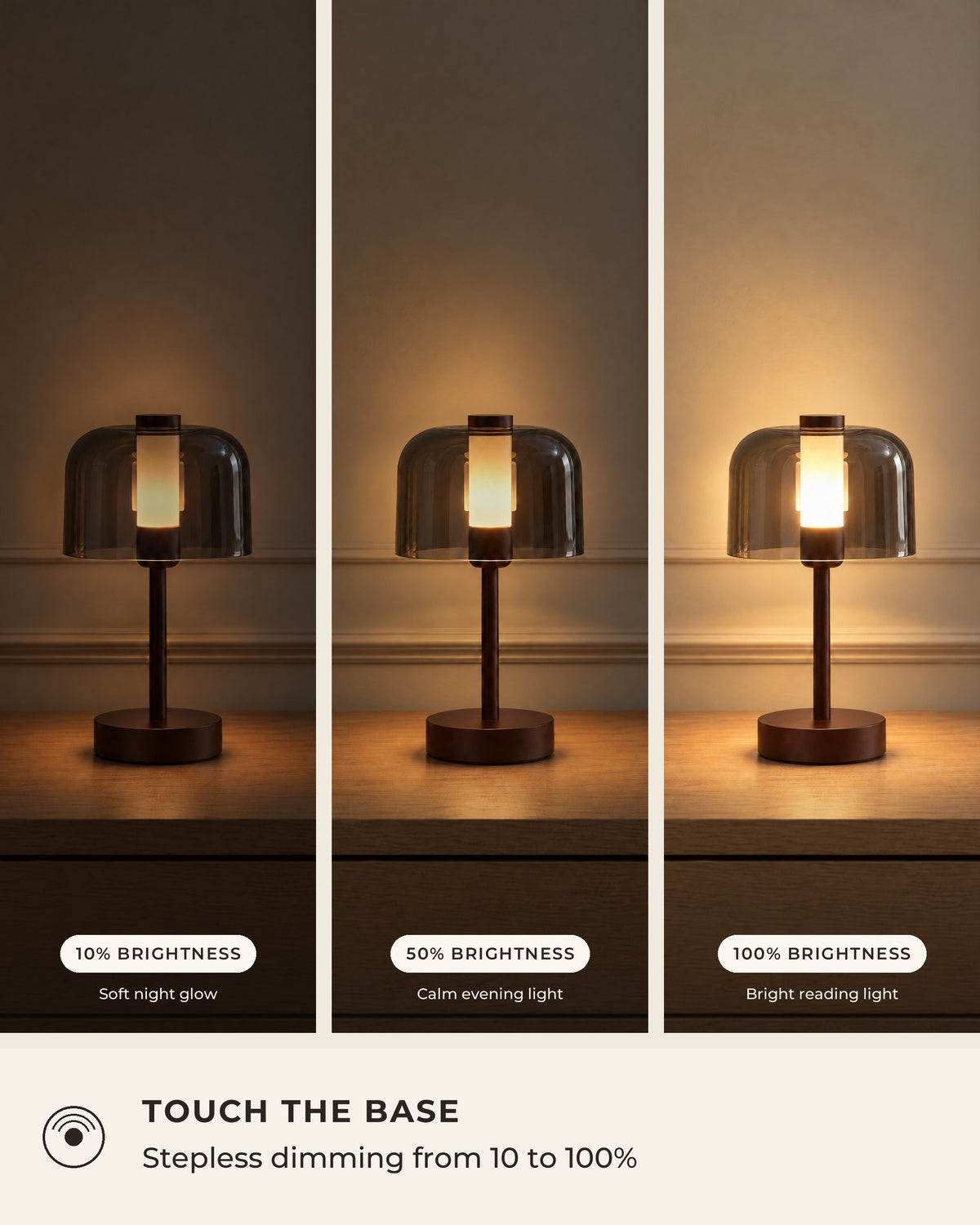 Brown: Noir Cordless Dome Nightstand Lamp, Set of 2 dimming levels, low, medium and full brightness