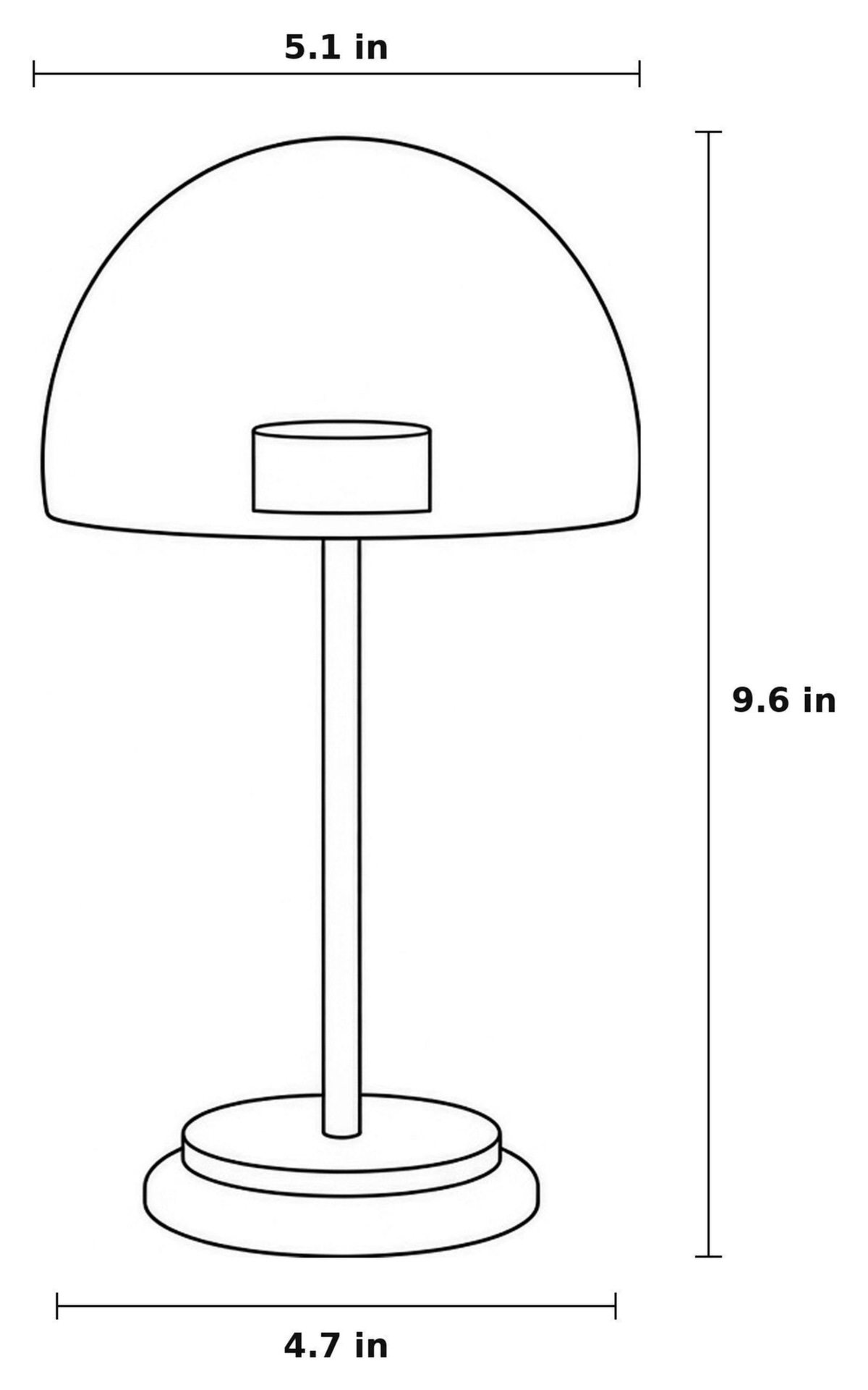 Dimensions sketch of the Noir Cordless Dome Nightstand Lamp, Set of 2 with measurements