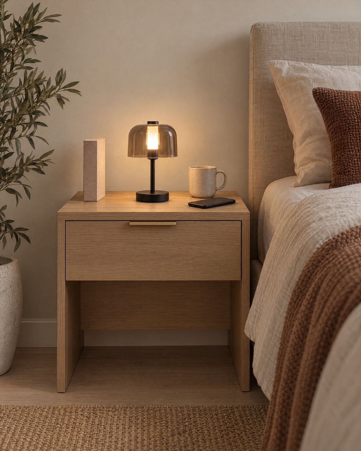 Black: Noir Cordless Dome Nightstand Lamp in black on a standard nightstand with a book, phone and mug for scale