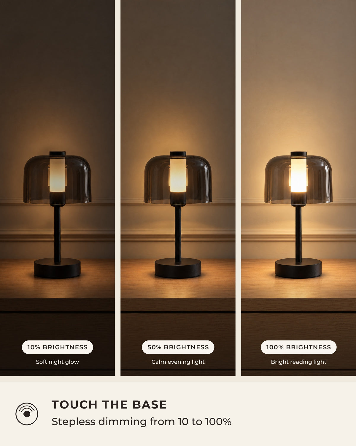 Black: Noir Cordless Dome Nightstand Lamp dimming levels, low, medium and full brightness