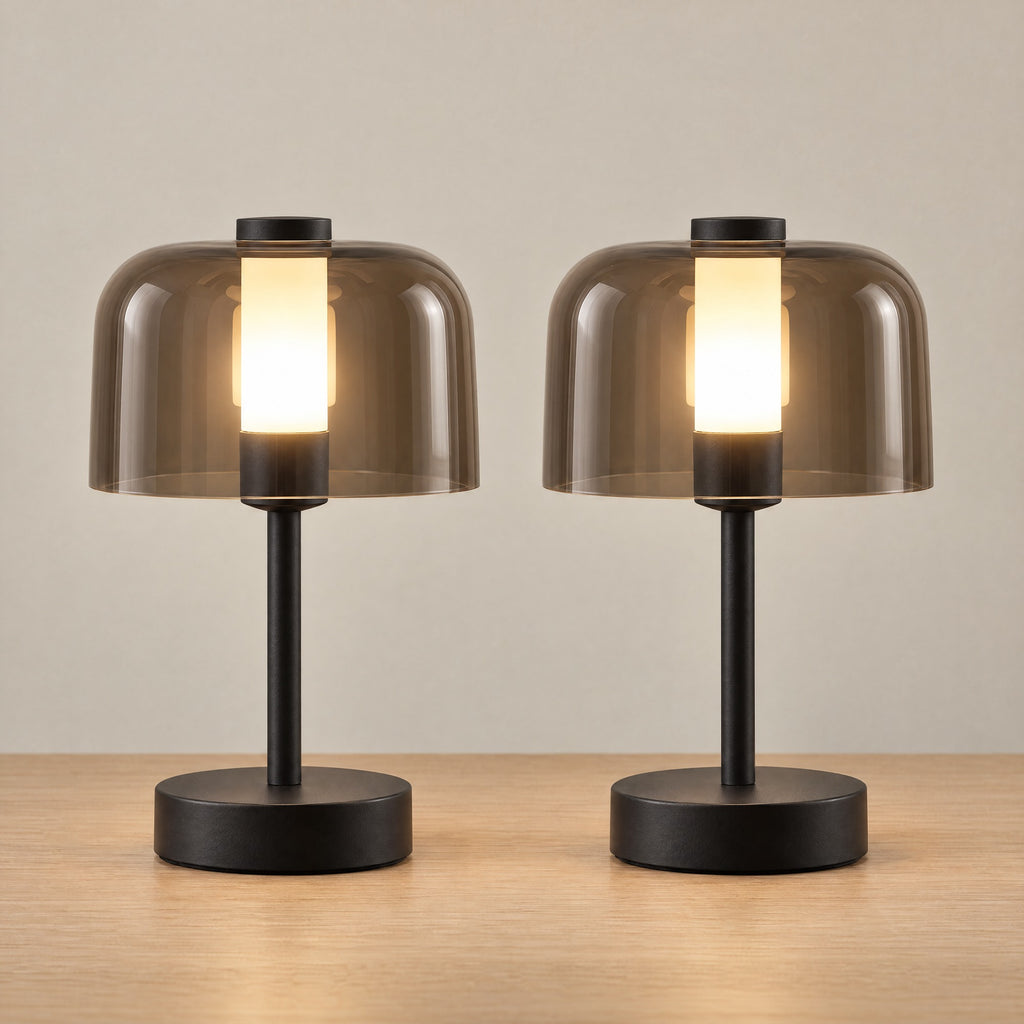 Noir Cordless Dome Nightstand Lamp, Set of 2, both lamps switched on