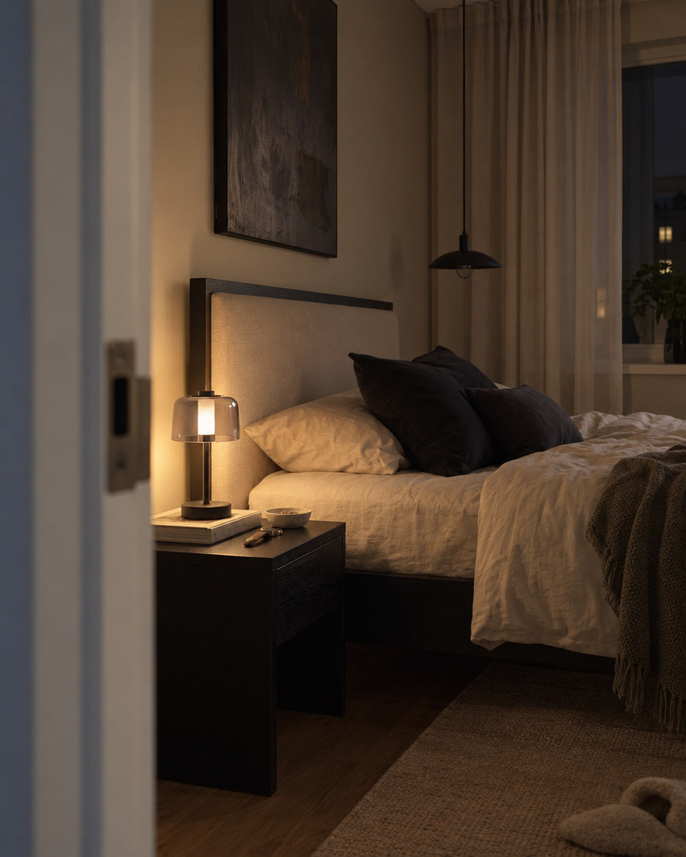 Noir Cordless Dome Nightstand Lamp in a real home