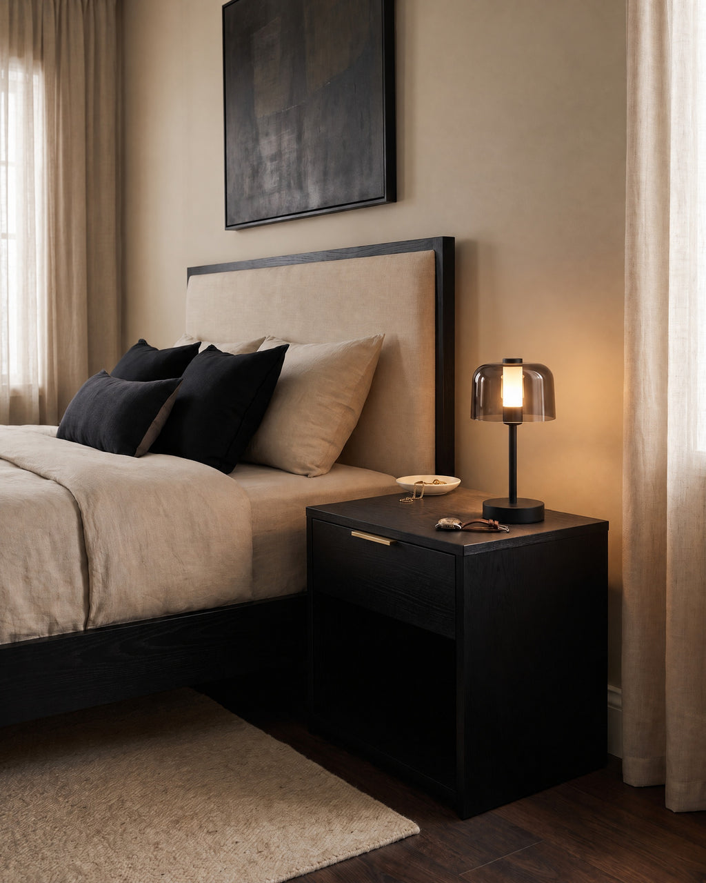 Black: Noir Cordless Dome Nightstand Lamp — black right angle