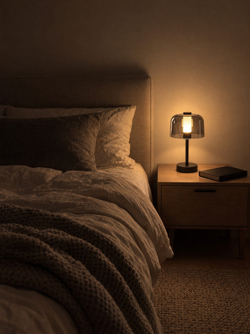 Noir Cordless Dome Nightstand Lamp lit on a nightstand at night