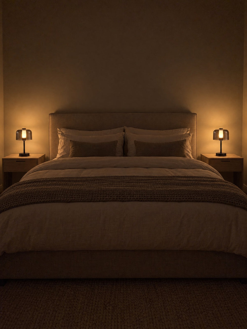 Two Noir Cordless Dome Nightstand Lamp lamps on either side of a bed at night